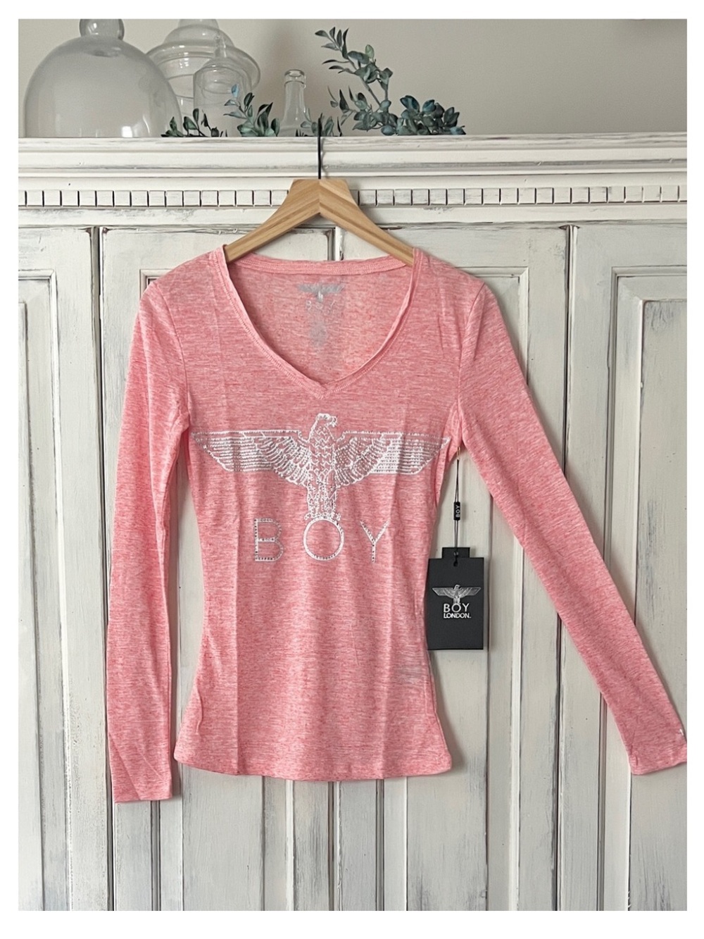 🟠NWT BOY LONDON Long Sleeve Tee w/Rhinestone Detail - Heathered Coral